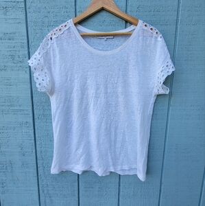 Gerard Darel 100% Linen Boxy Tee Lace Accent size 3/L White Coastal Chic